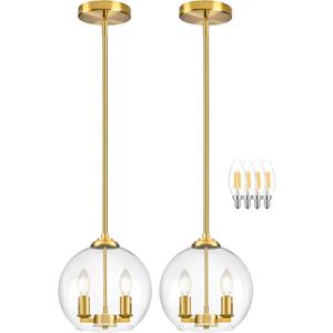 10" Gold Pendant Lights 2 Pack Glass Globe Pendant Light Fixture Bedroom Mid Century Modern Pendant Lighting Brass Pendant Light for Kitchen Island Bedroom Living Room (Bulb Incl.)