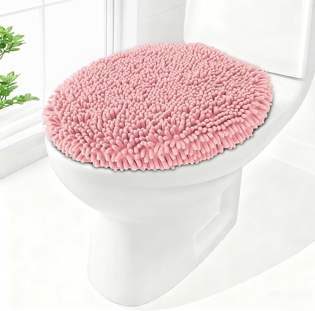 Soft Chenille Toilet Lid Cover 19.5L x 18.5W Machine Washable Toilet Seat Cover Adjustable Rubber Backing Fits Most Round Elongated and Oblong Lids (Light Pink)
