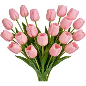 16 inch Fake Tulips Artificial Flowers, 20PCS Real Touch Fakes Tulip Plants for Bridesmaid Bouquet and Wedding Ceremony Festivals Anniversary Bridal Rehearsal Party Bar Table Decor-Pink