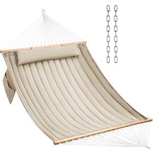 CHULIM Double Quilted Fabric Hammock with Hardwood Spreader Bars and Pillow 450 LBS Capacity 2 Person Large Hammock for Outdoor Patio Backyard Poolside - Tan