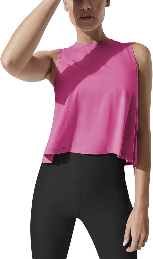 Mippo Crop Tops for Women Sleeveless Workout Tops Flowy Athletic Tank (Pink, XL)