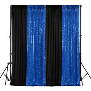 VitalCozy 4 Panels Backdrop Curtains 2 Pcs 4 x 10 ft Sequin Glitter 2 Pcs 7 x 10 ft Chiffon Photo Background Curtains for Graduation Wedding Birthday Party Decorations(Black, Royal Blue)