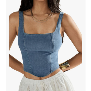 Women's Square Neck Sleeveless Corset Denim Top Zip Back Asymmetrical Hem Tank Top L
