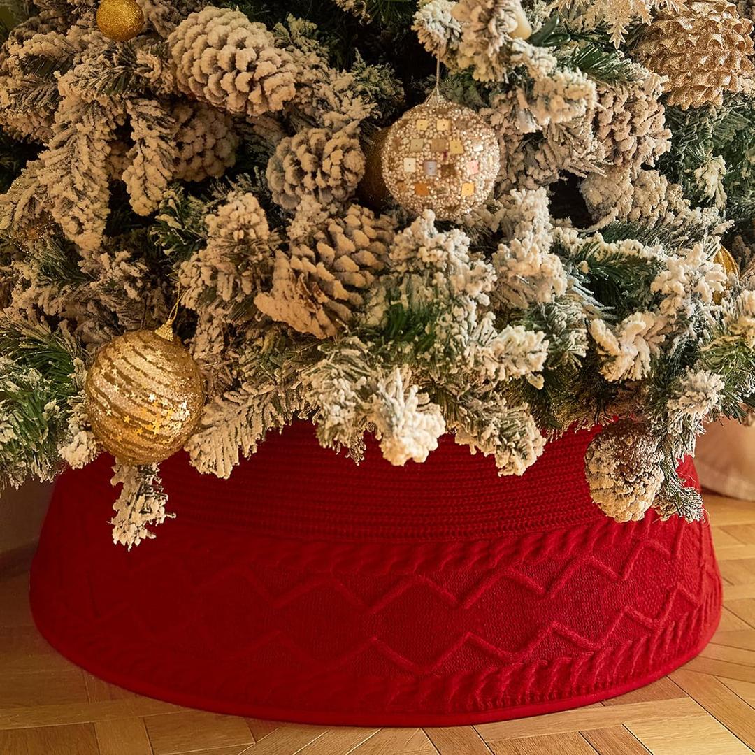 Christmas Tree Collar, Adjusted Christmas Tree Base Cover for Artificial Trees, Knit Red Rustic Farmhouse Xmas Tree Ring Skirt for 6ft 6.5 ft 7ft 7.5ft Tree