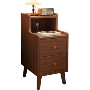 Solid Wood Small Nightstand Walnut, Narrow Nightstand with 2 Drawers, Mid-Century Modern Style Bedside Table for Bedroom, Easy to Assemble, Perfect for Tiny & Narrow Spaces (Walnut, 30cm)