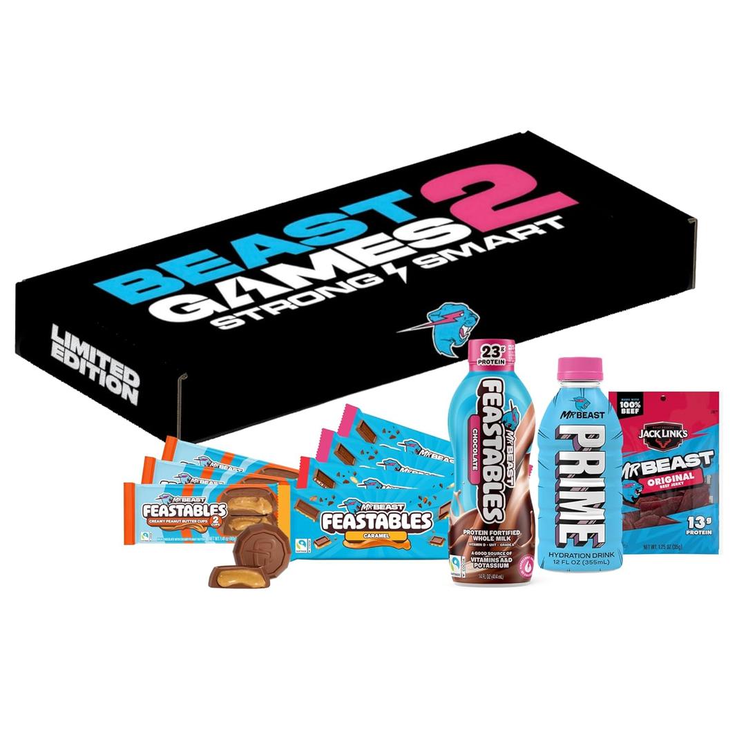 Feastables Beast Games Season 2 Snack Bundle, 10 Count, MrBeast Chocolate Bars & Cups, Protein Milk, Hydration Drink & Beef Jerky, BBD: DEC 31/2026, AUG 18/2026, MAR 28/2026, 03/28/2027, APR 25/2026