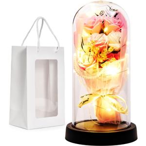 Relosy Valentine's Day Rose Gift for Her Forever Preserved Flower Bouquet in Glass Dome with Light, Preserved Roses for Anniversary, Birthday, or Romantic Gifts for Mom, Wife, Grandma, or Friend
