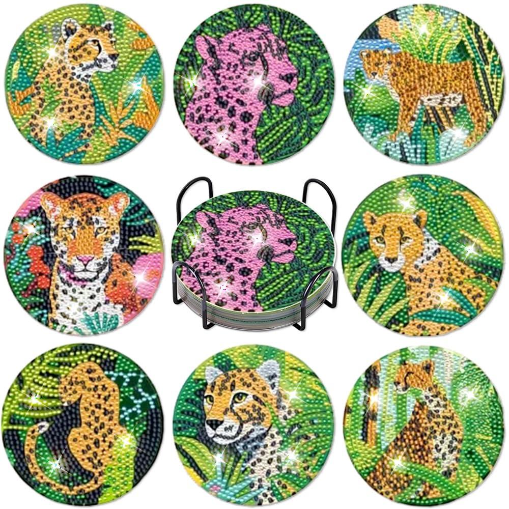 Praise V Do 8Pcs Diamond Painting Art Craft Coasters Dotting Kit with Holder Cork Base for Beginners, Adults DIY Nature Leopoard Flowers