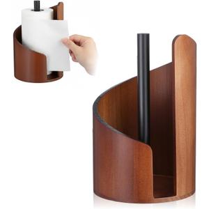 Paper Towel Holder, Natural Mango Wood Countertop Stand for Jumbo Rolls with Wood Round Base and Iron Holder Wooden Paper Towel Holder for Kitchen Dining Table Home Decor, Fits Small Rolls