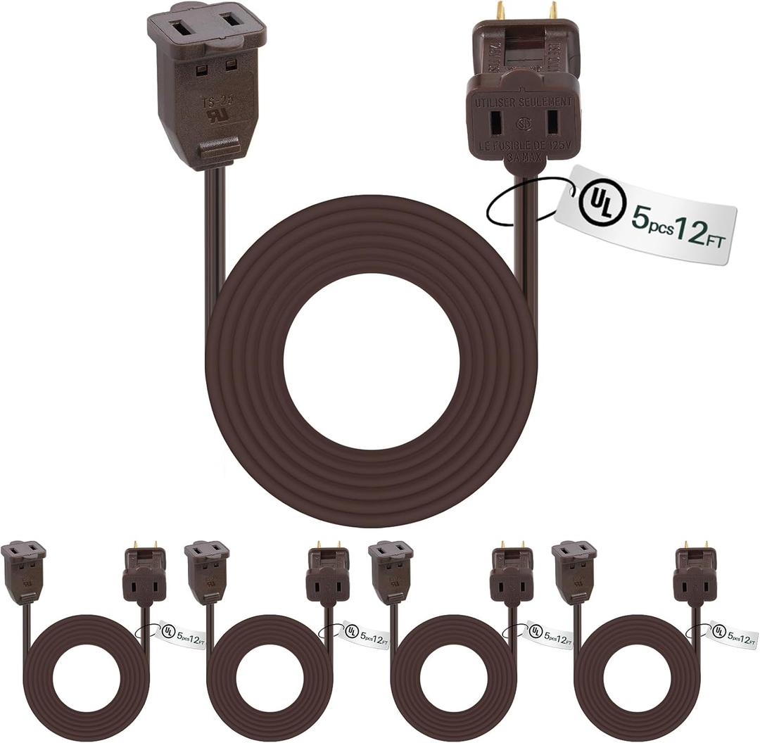 Kanayu 5 Pack 12 ft Brown Indoor Extension Cord 2 Prong Electric Cord Extender, Wire Plug in and End, Ac 120 Volts, for Outdoor Christmas Connect or Extend String Lights