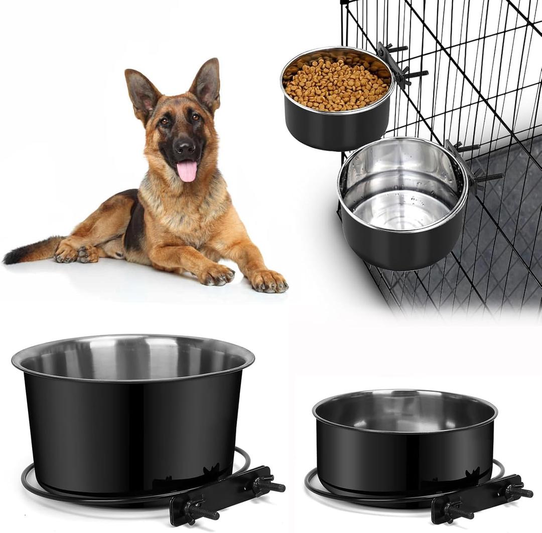 Attachable Dog Bowls for Crates, ShineMe 40oz & 60oz Dog Kennel Food and Water Bowl, 7.1 x 3.7 & 6.3 x 2.6 Dogs Crate Bowls Hanging No Spill for Large or Medium Dogs, Set of 2 Black