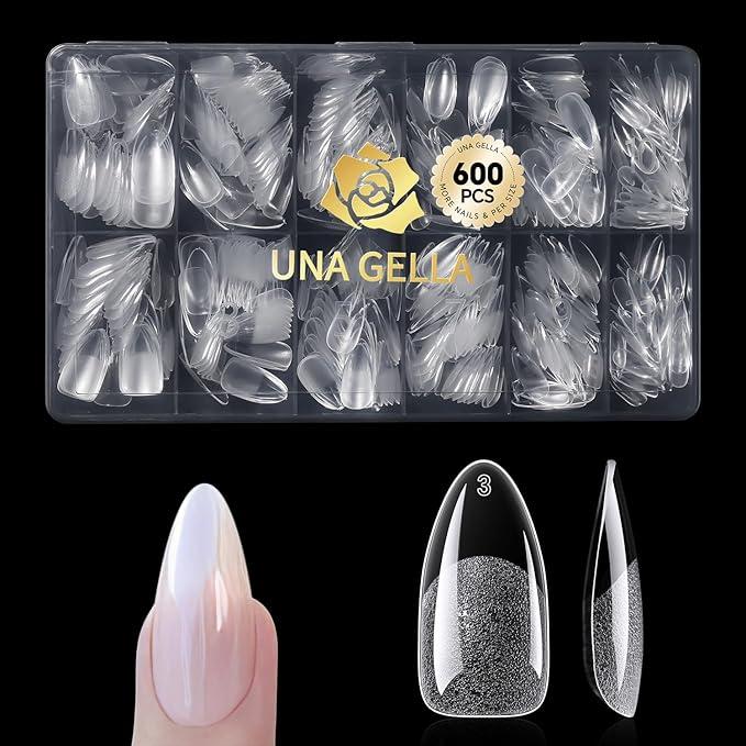 UNA GELLA Almond Gel Nail Tips 600 Pcs Pre Etched Medium Almond Shaped Nails Full Cover Press On Nails 12 Sizes Clear Fake Soft Gel Tips for Flat & Curved Nail Bed Extension Home DIY Salon