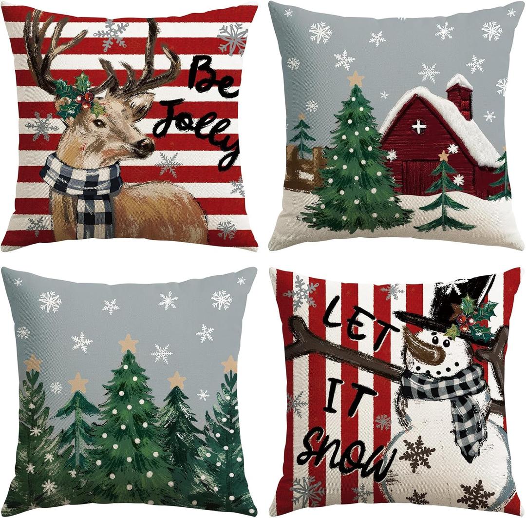 OTOSTAR Set of 4 Grey Christmas Throw Pillow Covers 18x18 Inch Winter Xmas Decorative Pillow Case Cover for Sofa Living Room Holiday Decor (Red- Snowman and Elk)