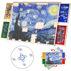 Rotatable 360-Degree Wheels Puzzle Board with Drawers and Cover 1000 Pieces Lightweight Portable Wooden Puzzle Table for Adults Size 30" x 22"