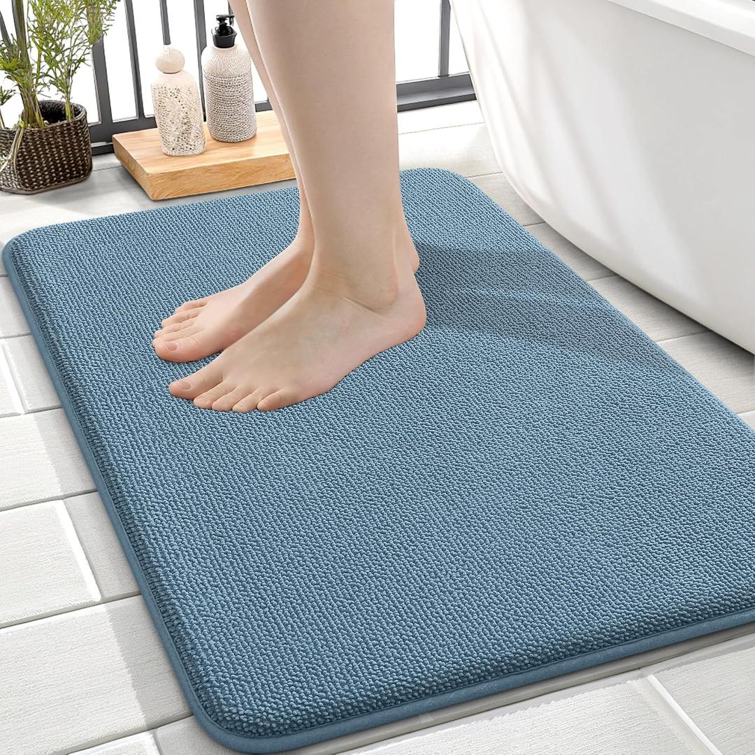 OLANLY Thick Memory Foam Small Bathroom Rugs 24x16, Extra Soft Absorbent Bath Rug, Quick Dry Bath Mat, Non-Slip, Machine Washable Carpet for Bathroom, Tub and Shower, Home Decor Accessories, Airy Blue