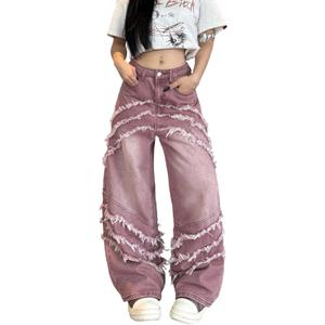 Womens Baggy Jeans Wide Leg Denim Pants Y2k 90s Vintage Hip Hop Loose Long Trousers Streetwear (Red, M)