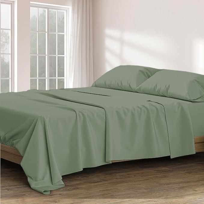 Silentnight 4 Piece Queen Size 100% Egyptian Cotton 15" Inch Deep Pocket Premium Hotel Quality Smooth & Soft Bedding Sheet Set Luxury Soft - Sage Solid