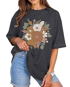 Women’s Oversized Graphic Tees Vintage Casual Drop Shoulder T-Shirt Print Summer Loose Fit Tops Flower04 Darkgrey-M