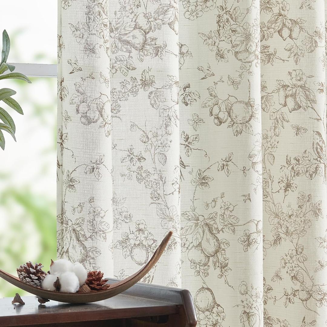 Jjinchan Linen Floral Curtains for Living Room 96 Inch Length Taupe Printed Flower French Country Curtain Farmhouse Cottage Core Toile Curtains Back Tab Light Filtering Window Drapes Set 2 Panels, Flower Taupe on White
