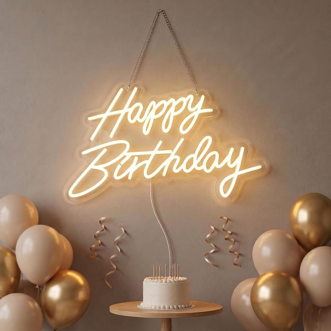 Happy Birthday Neon Sign, 19.6x11.8in LED Dimmable Warm White