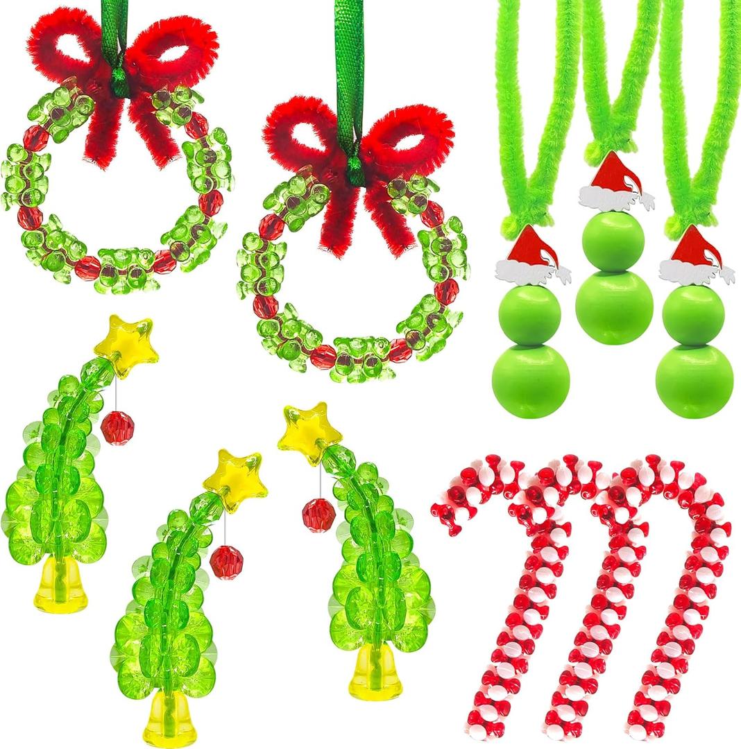 ALOVYY Christmas Crafts for Adults, 36 Sets Christmas Beaded Ornament Kit Including 12 PCS Green Monster/6 PCS Tree/12 PCS Candy Cane/6PCS Garlands, Christmas Tree Decorations (Assembly Needed)