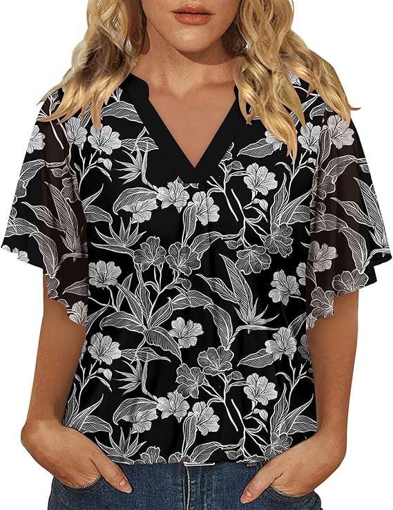 onlypuff Spring Blouses for Women 2024,Ruffles Sleeve Womens Tunic Tops Dressy Casual Ladies V Neck Office Shirts Business Attire Summer Work Clothes Swing Sheer Elegant Peasant Tops Black Daffodils M
