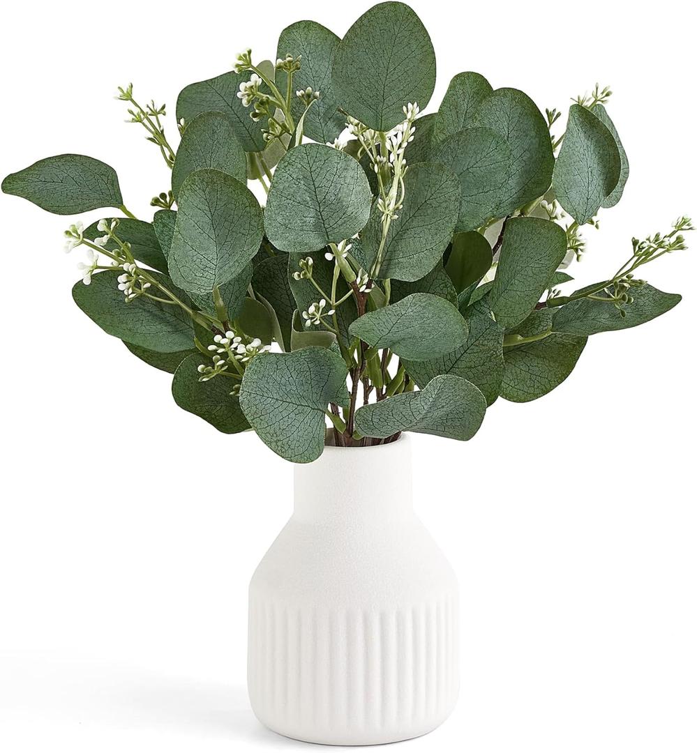 Dahey Artificial Eucalyptus Stems in Ceramic Vase Centerpiece Table Decorations Modern Farmhouse Decor Fake Eucalyptus Plants with Vase for Bathroom Kitchen Shelf Living Room Greenery Decor, White (Small)