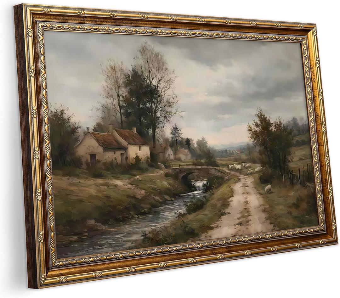 Vintage Country Cottage Canvas Wall Art(Countryside Wall Art, 16x24in, Framed) Rustic Countryside Stream And Stone Bridge Oil Painting Artwork For Living Room Bedroom Farmhouse Home Wall Decor