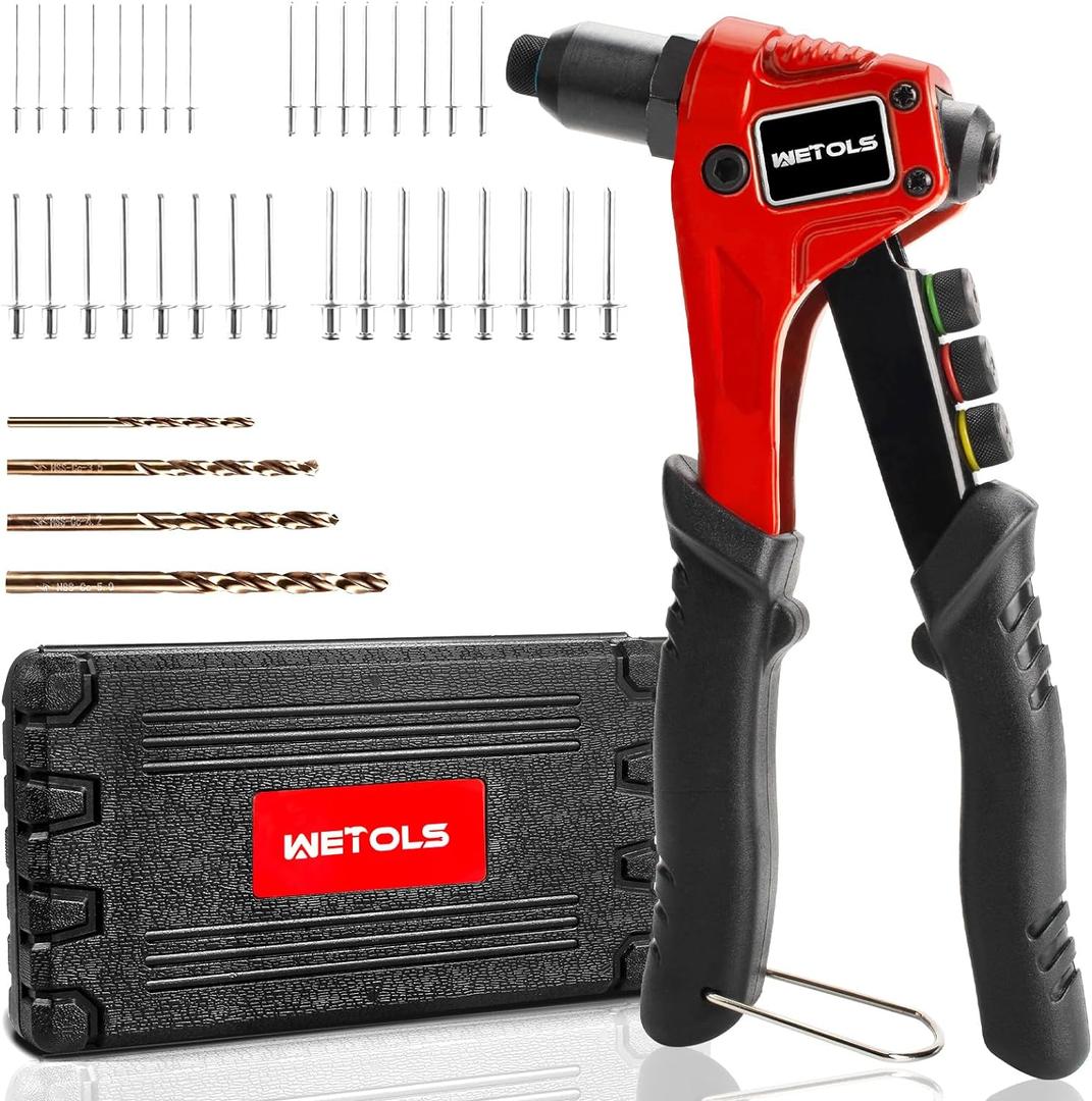 WETOLS Pop Rivet Gun Kit with 200 Blind Rivets, Upgraded Manual Single Hand Riveter with 4 Tool-Free Interchangeable Rivet Heads and 4 Drill Bits, Pop Rivet Tool Kit with Sturdy BMC Carrying Case (Red)
