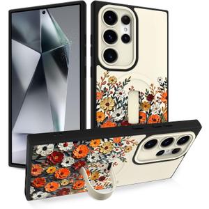 White Case with Stand for Samsung Galaxy S24 Ultra, Floral Flowers | Wireless Charging Compatible, Finger Strap Stand, Kickstand, Shockproof Protection, Soft TPU and Hard PC, for Women