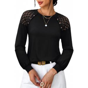 siliteelon Lace Long Sleeve Tops Dress Shirt Womens Crew Neck Loose Dressy Blouse Business Casual Work Summer 2026 Black (Black, M)