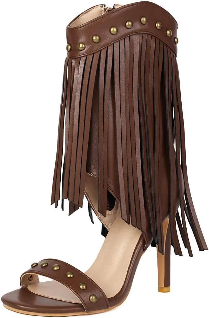 Women's Fringed High Heels Side Zipper Ankle Sandal Boots Studded Heeled Sandals, Size 12