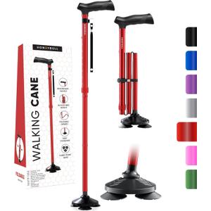 HONEYBULL Walking Cane for Men & Women Foldable, Adjustable, Heavy Duty, Free Standing, All Terrain, Collapsible Walking Sticks for Seniors & Adults (Red)