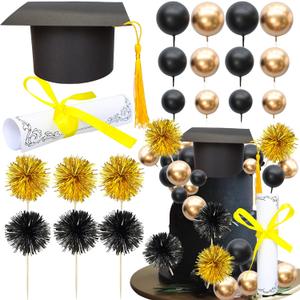 Ephlyn 42 Pack 2025 Graduation Cake Toppers Grad Cap Diploma Balls Tassel Firework Congrats Grad Cake Decorations for 2025 High School College Senior Graduation Supplies Black Gold