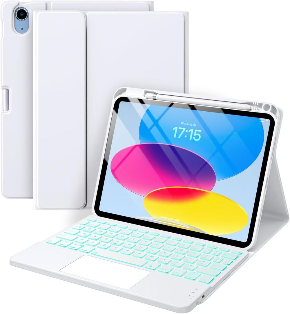 Compatible for iPad 11th 10th Generation Case with Keyboard, Folio Cover with Pencil Holder, Multi-Touch Trackpad, 7 Color Backlit, Detachable Keyboard for iPad (A16) 11th/10th Gen (White) 