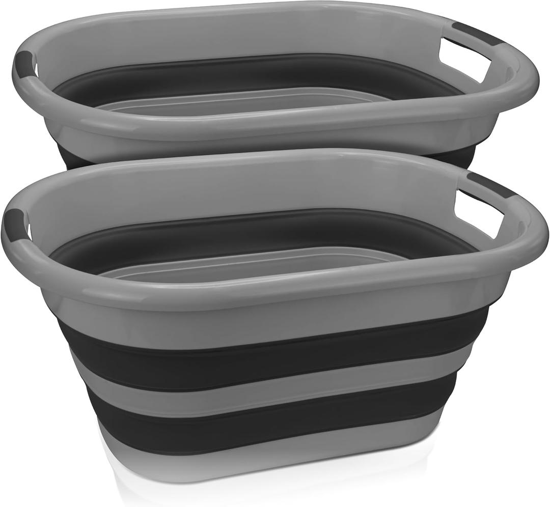 BROOKSTONE (2 Pack) Large Size Collapsible Laundry Basket, Comfort Non-Slip Grip Handles, Minimalist Space Saving Design, Portable Pop-Up Hamper