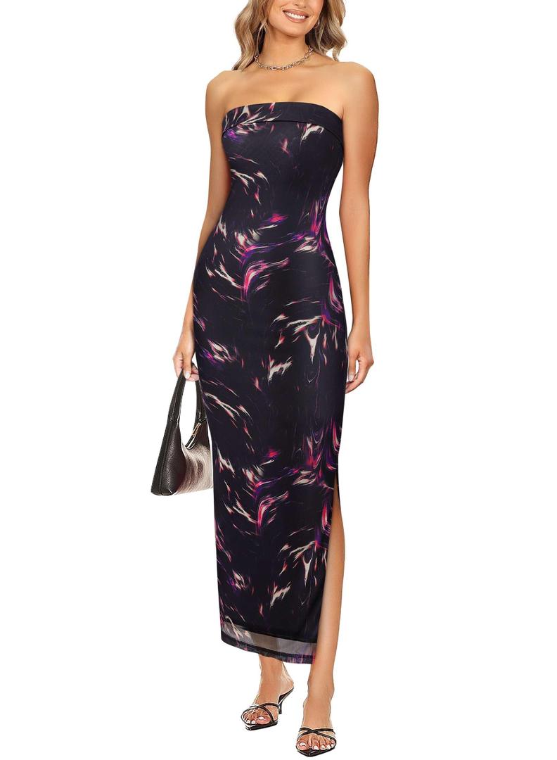 VFSHOW Womens Floral Strapless Wedding Guest Cocktail Bodycon Maxi Dress (Black)