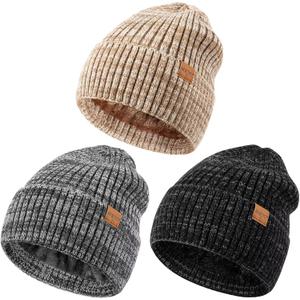 MSDC 3 Pack Winter Hats for Men, Warm Fleece Lined Beanie for Men Women, Fashionable Knit Hat Skull Cap for Cold Weather (Mix Black+mix Beige+mix Gray)