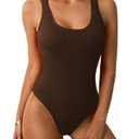 Limeeke Women One Piece Swimsuit Ribbed Monokini Swimwear Textured Scoop Neck Low Back Bathing Suit Brown L (Brown)