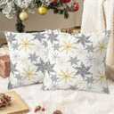 2 x CaliTime Christmas Throw Pillow Covers Decorative 18 X 18 Inches Pack of 2 Cozy Fleece Snowflakes Cushion Cases for Holiday Couch Sofa Bed Living Room Home Grey Gold