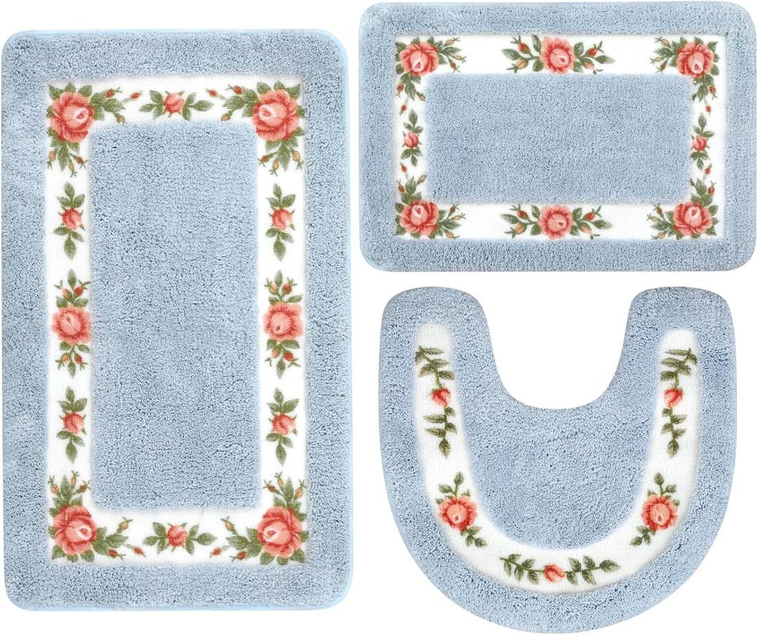 3 Pcs Rose Flowers Bathroom Rugs Set Coquette Room Decor Floral Rugs for Bathroom Bedroom Living Room, Floral Bath Mat Non Skid Romantic Rose Flower Area Rugs 3 Shapes(Blue)