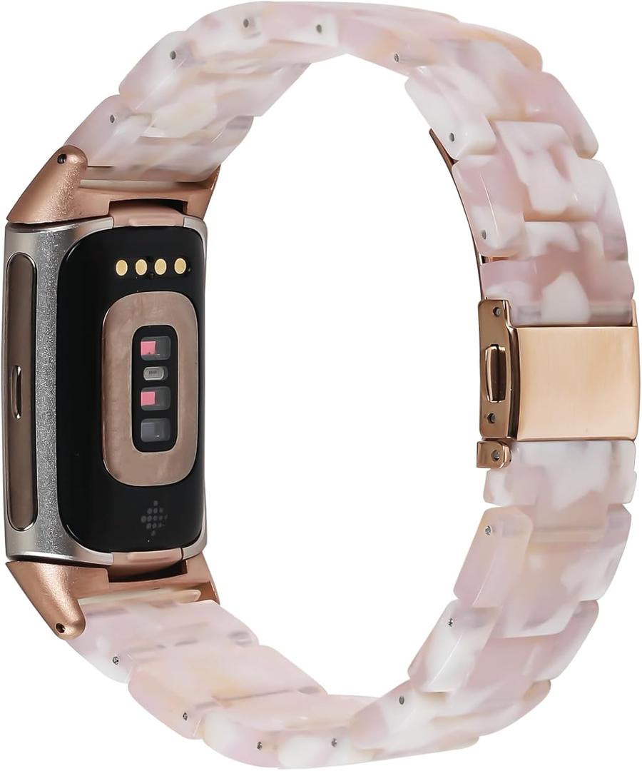 Resin Band Compatible with Fitbit Charge 6/ Fitbit Charge 5, Waterproof & Lightweight Bracelet Wristband Replacement with Stainless Steel Buckle, Fashion Strap for Fitness Tracker Women (Pink Flower)