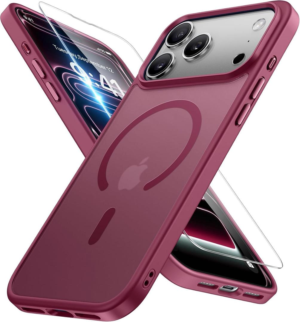 Miracase Magnetic for iPhone 17 Pro Max Case with Screen Protector [Compatible with MagSafe] Slim Thin Phone Case Military-Grade Protected for 17 ProMax Cover Bumper 6.9", Wine Red