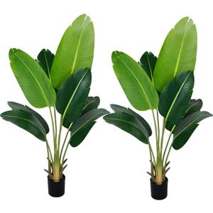 Artificial Bird of Paradise Plant 4Ft Fake Tropical Palm Tree with 8Trunks Faux Banana Leaf Trees in Pot for Home Indoor Outdoor Office Modern Decor Housewarming Gift2Pcs (2pack)