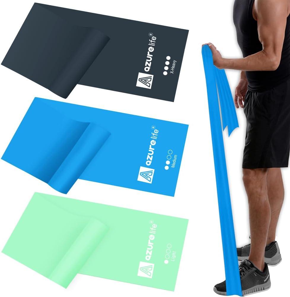 AZURELIFE Resistance Bands,Professional Long Non-Latex Elastic Stretch Bands, Exercise Bands for Physical Therapy, Yoga, Pilates, Rehab, at-Home or The Gym Workouts, Strength Training, Green, Blue, Gray, 5 Ft