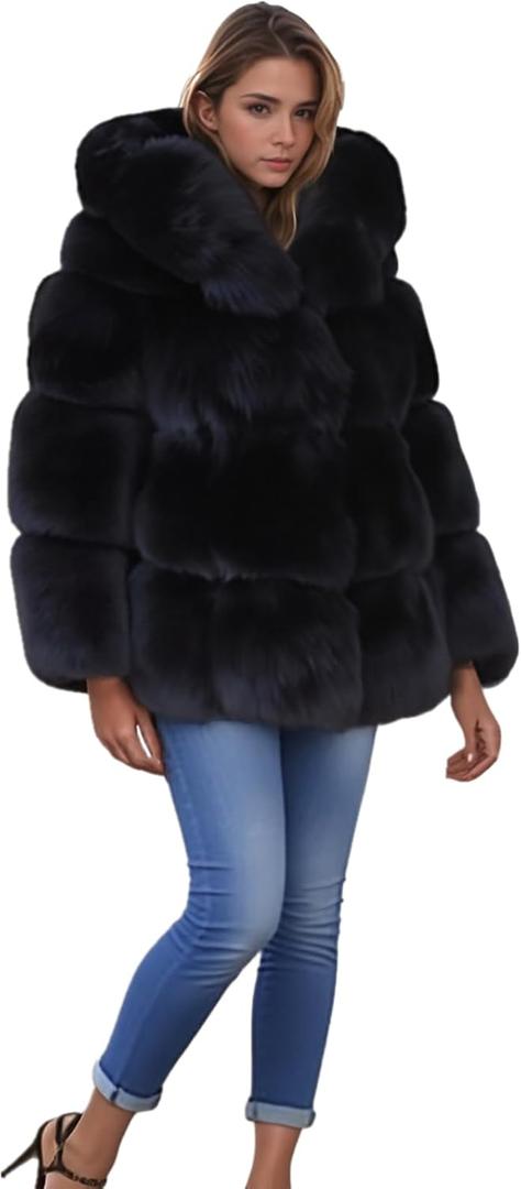 Lisa Colly Women's Winter Parka Coat Overcoat Long Sleeve Faux Fur Coat Jacket (Black, XL)