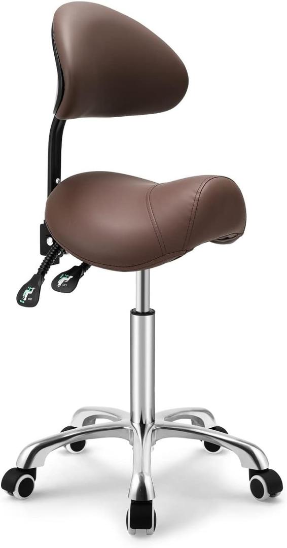 Kaleurrier Saddle Stool Rolling Swivel Height Adjustable with Wheels,Heavy Duty Anti-Fatigue Ergonomic Saddle Chair for Hair Beauty Salon Lab Dental Massage Office Home Kitchen (with Back, Coffee), 52 cm x 52 cm x 86 cm