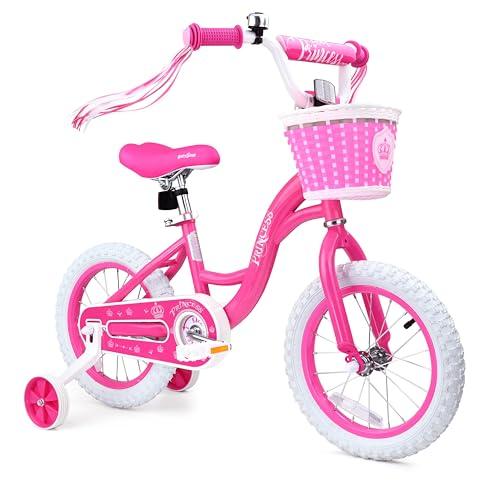 bicystar Girls Bike for Toddlers Ages 2-4 Years, 14 Inch Princess Kids Bike with Training Wheels, Sparkling Frame, Basket, Streamers, Pink Pedal Bicycle, Birthday Gift