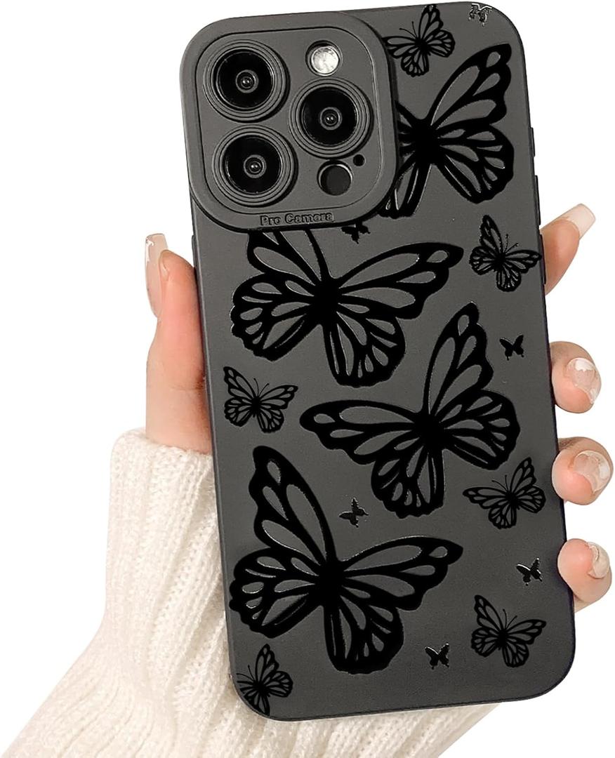 Lovmooful Compatible for iPhone 14 Pro Max Case Cute Cool Big Butterfly Black Design for Girls Women Soft TPU Shockproof Protective Girly for iPhone 14 Pro Max-Big Butterflies