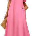 MEROKEETY Summer Maxi Dresses for Women 2026 Vacation Spring Casual Short Sleeve Basic Long T-Shirt Dress Pockets (Small, Dusty Pink)